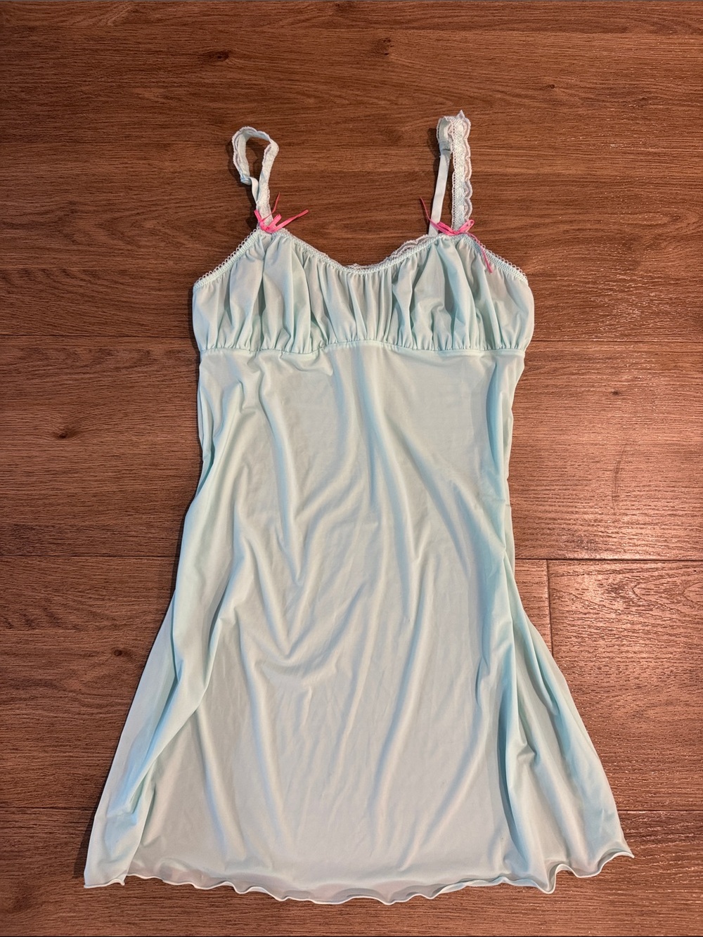 Light Aqua Lace-Trim Chemise with Pink Bow Details